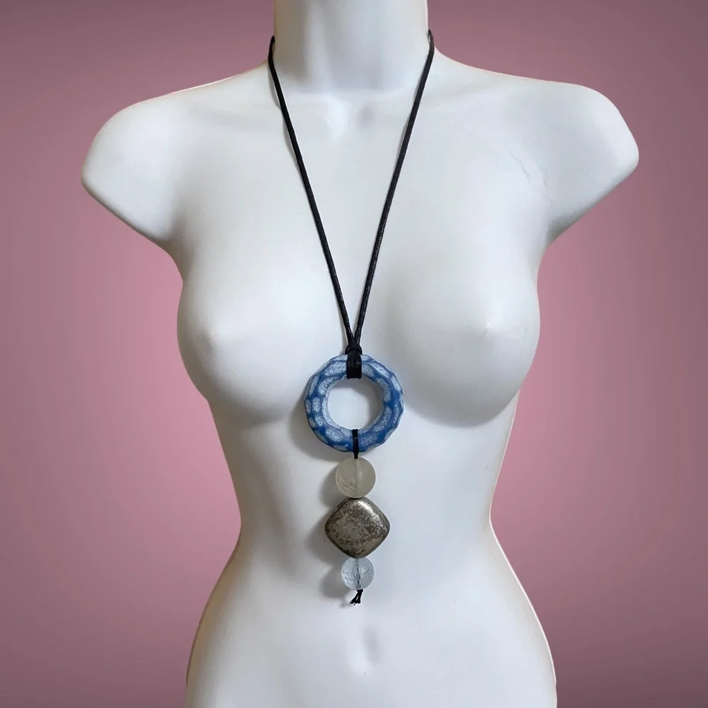 ALISHA D Blue & Gray Chunky Bead s Necklace Made In Italy
